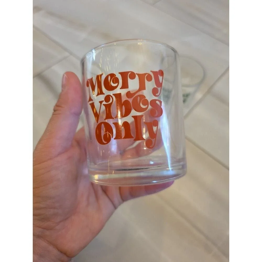 Set of 2 MERRY VIBES ONLY‎ Christmas Lowball Glass Tumblers 10.25 oz. Each